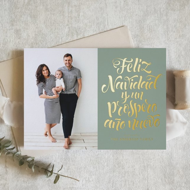 Sage Green Feliz Navidad Script Christmas Photo Foil Holiday Card (Creator Uploaded)