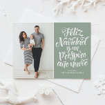 Sage Green Feliz Navidad Script Christmas Photo Holiday Card<br><div class="desc">Feliz Navidad y un próspero año nuevo! Send your holiday wishes to friends and family with this customisable Christmas card. This Spanish Christmas card features modern calligraphy. Personalise by adding your details. This photo Christmas card is available in other colours and cardstock. Matching items are available.</div>