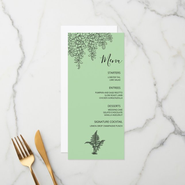 Sage Green Fern Leaf Wedding Menu (Front/Back In Situ)