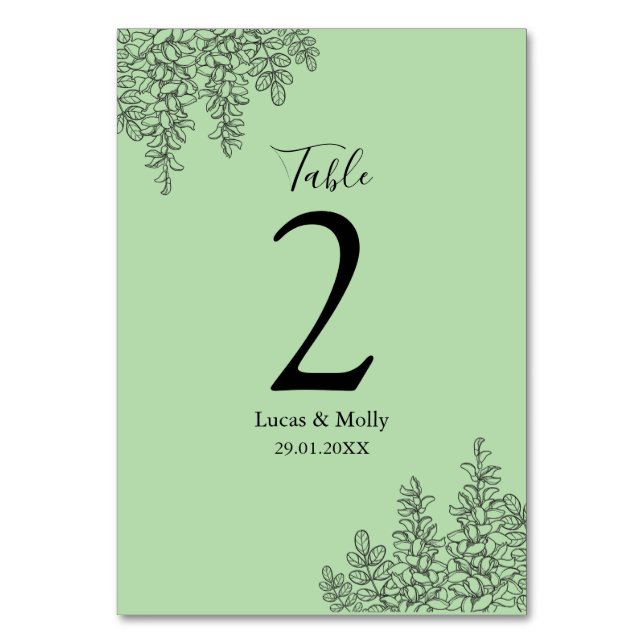 Sage Green Fern Leaf Wedding Table Number (Front)