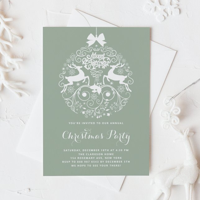 Sage Green Festive Ornate Ornament Christmas Party Invitation (Creator Uploaded)