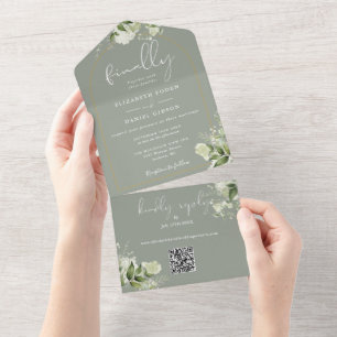 Sage Green Finally Arch GreeneryQR Code Wedding All In One Invitation