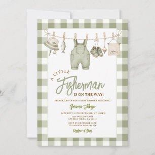 Sage Green Fishing Gingham Baby Shower Invitation