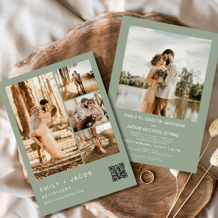 Sage Green Five 5 Photo QR code Wedding Invitation