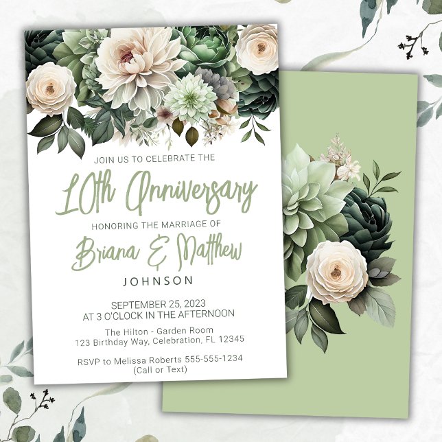 Sage Green Floral 10th Wedding Anniversary  Invitation (Creator Uploaded)