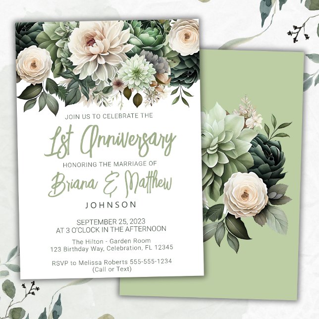 Sage Green Floral 1st Wedding Anniversary  Invitation (Creator Uploaded)