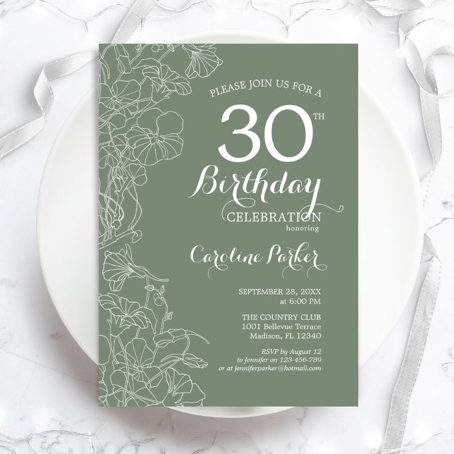Sage Green Floral 30th Birthday Party Invitation (Creator Uploaded)