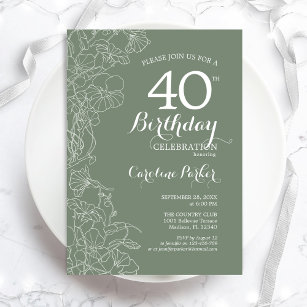 Sage Green Floral 40th Birthday Party Invitation