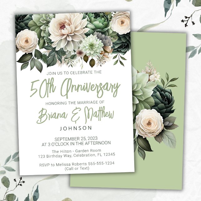 Sage Green Floral 50th Wedding Anniversary  Invitation (Creator Uploaded)