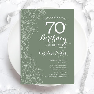 Sage Green Floral 70th Birthday Party Invitation