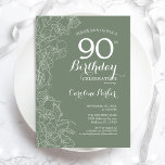 Sage Green Floral 90th Birthday Party Invitation<br><div class="desc">Sage Green Floral 90th Birthday Party Invitation. Minimalist modern design featuring botanical outline drawings accents and typography script font. Simple trendy invite card perfect for a stylish female bday celebration. Can be customized to any age. Printed Zazzle invitations or instant download digital printable template.</div>