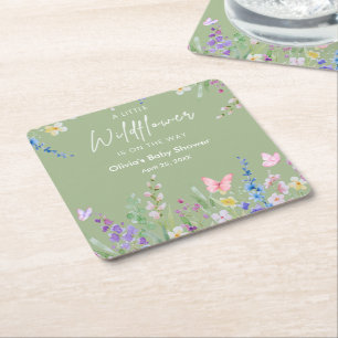 Sage Green Floral A Little Wildflower Baby Shower Square Paper Coaster