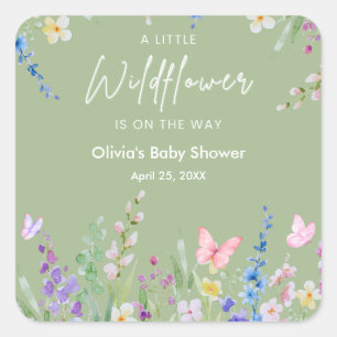 Sage Green Floral A Little Wildflower Baby Shower Square Sticker