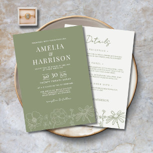 Sage Green Floral All In One Elegant Wedding Invitation