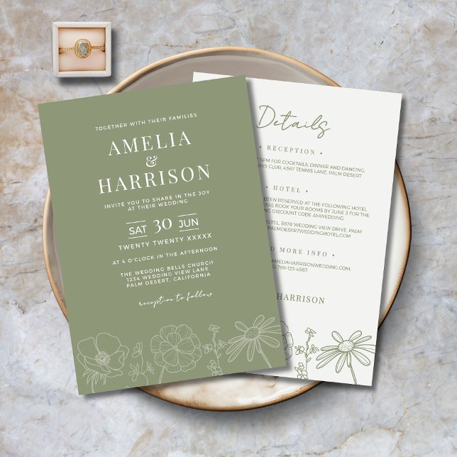Sage Green Floral All In One Elegant Wedding Invitation (Sage Green Floral All-In-One Elegant Wedding Invitation with Line Art Flowers, Details on the Back.)