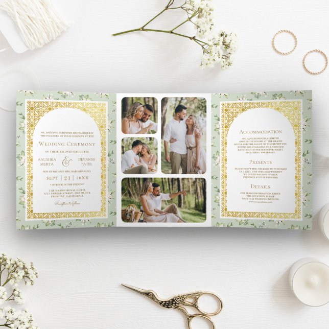 Sage Green Floral All in One Gold Indian Wedding Tri-Fold Invitation (Creator Uploaded)
