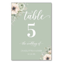 Sage Green Floral Anemone Wedding Table Number Sig