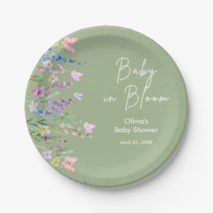 Sage Green Floral Baby in Bloom Baby Shower Paper Plate
