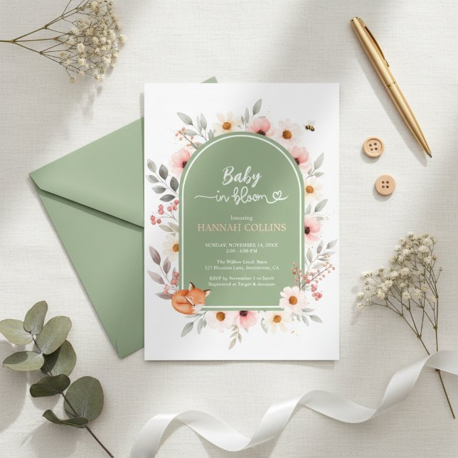 Sage Green Floral Baby Shower Fox Invite (Rustic woodland baby in bloom theme)