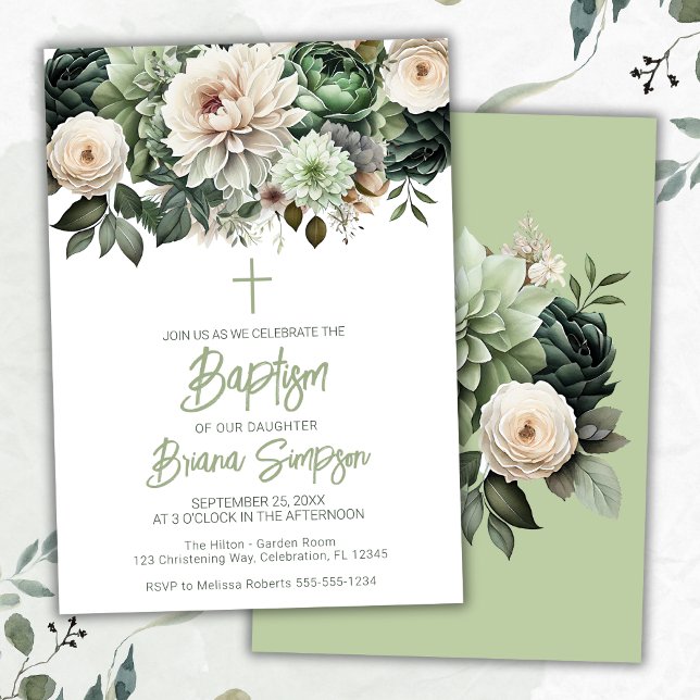 Sage Green Floral Baptism Invitation (Creator Uploaded)