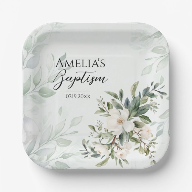 Sage Green Floral Baptism Paper Plate (Front)