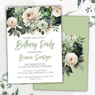 Sage Green Floral Birthday Party Invitation