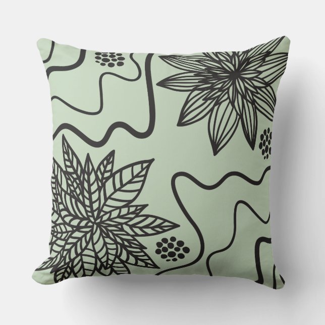 SAGE GREEN FLORAL BLACK DESIGN Retro Throw Pillow (Front)