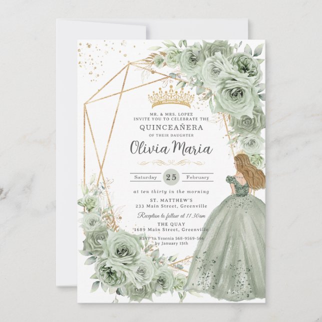 Sage Green Floral Blonde Princess Quinceañera Gold Invitation (Front)