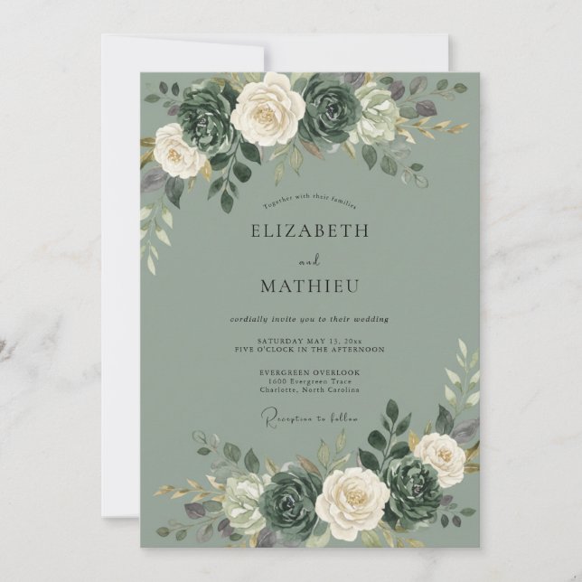Sage Green Floral Blossom Wedding Invitation (Front)