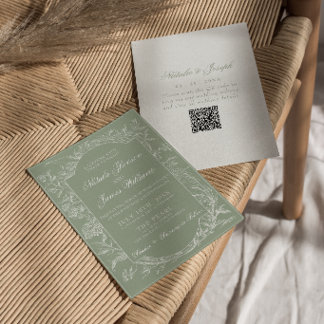  Sage Green Floral Boho Botanical QR Code Wedding Invitation