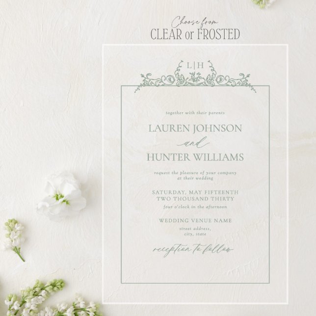 Sage Green Floral Border Monogram Wedding  Acrylic Invitations (Creator Uploaded)