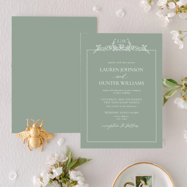 Sage Green Floral Border Monogram Wedding Invitation (Creator Uploaded)