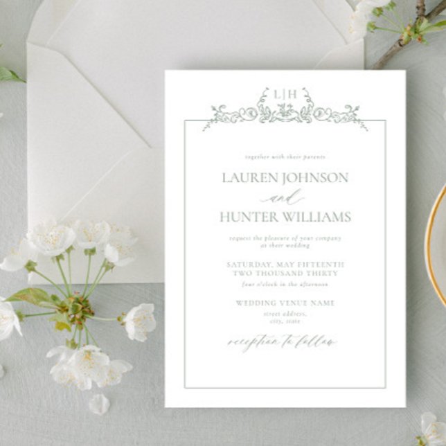 Sage Green Floral Border Monogram Wedding Invitation (Creator Uploaded)