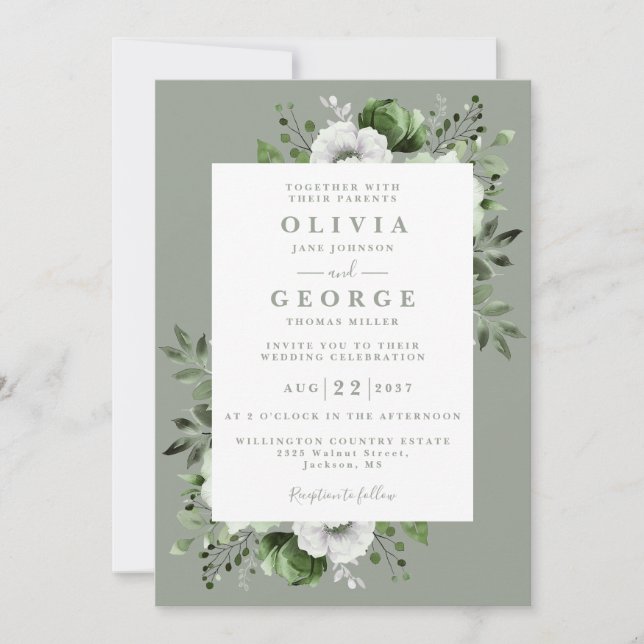 Sage Green Floral Botanical Modern Wedding Invitation (Front)