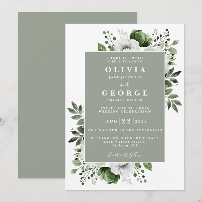 Sage Green Floral Botanical Modern Wedding Invitation (Front/Back)