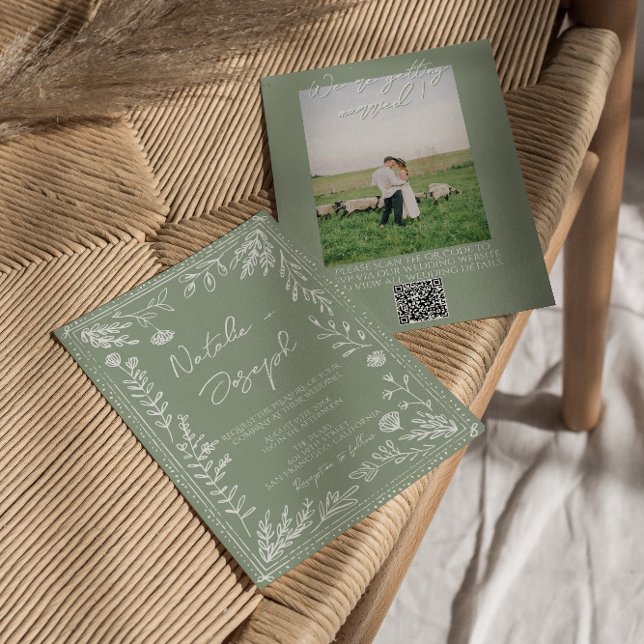 Sage Green Floral Botanical QR Code Photo  Wedding Invitation (Creator Uploaded)