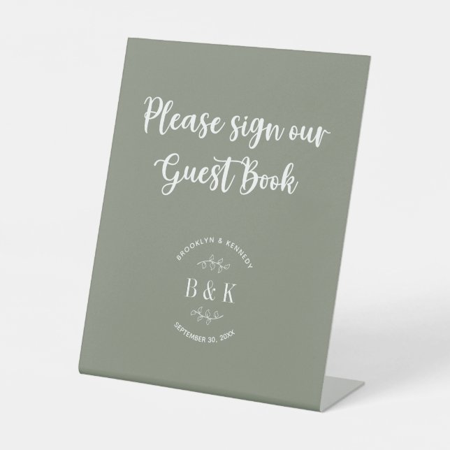Sage Green Floral Botanical Wedding Guest Book Pedestal Sign (Front)