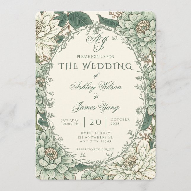 Sage Green Floral Botanical Wedding Invitation (Front)