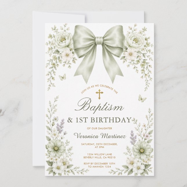 Sage Green Floral Bow Baptism & First Birthday Invitation (Front)