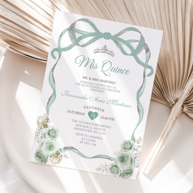 Sage Green Floral Bow Ribbon Silver Mis Quince Invitation (Creator Uploaded)