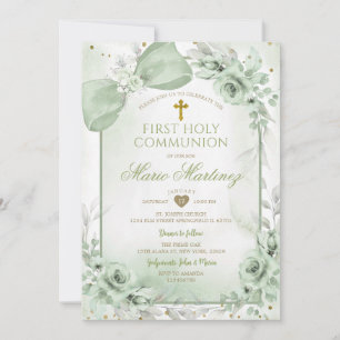 Sage Green Floral Boy Cross First Holy Communion Invitation