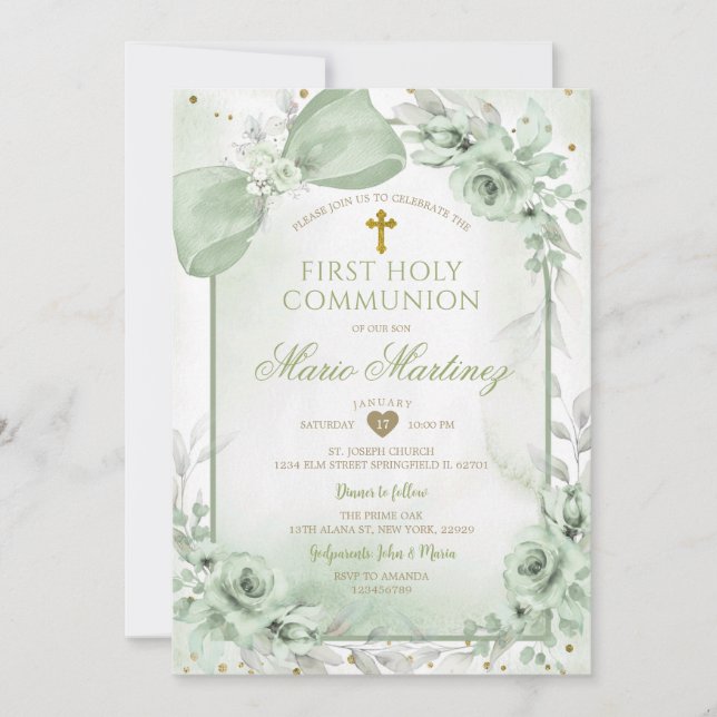Sage Green Floral Boy Cross First Holy Communion Invitation (Front)