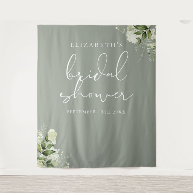 Sage Green Floral Bridal Shower Photo Backdrop Tapestry (Front)