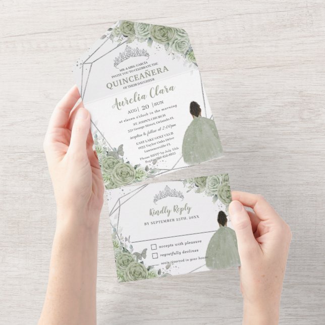 Sage Green Floral Brown Girl 15 Silver Quinceanera All In One Invitation (Tearaway)