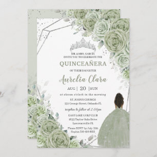 Sage Green Floral Brown Girl Silver 15 Quinceañera Invitation