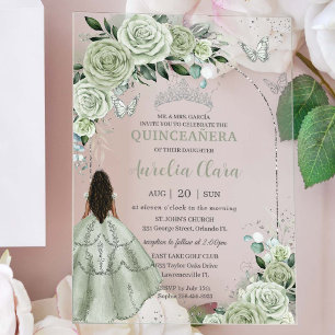 Sage Green Floral Brown Girl Silver Quinceañera Acrylic Invitations