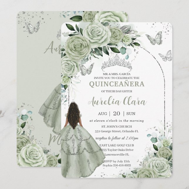 Sage Green Floral Brown Girl Silver Quinceañera Invitation (Front/Back)