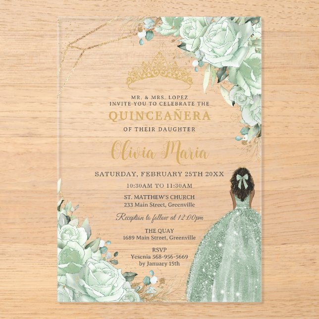 Sage Green Floral Brown Princess Gold Quinceañera Acrylic Invitations (Front)