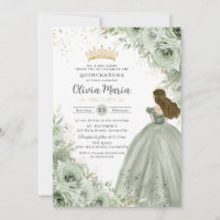 Sage Green Floral Brunette Princess Quinceañera