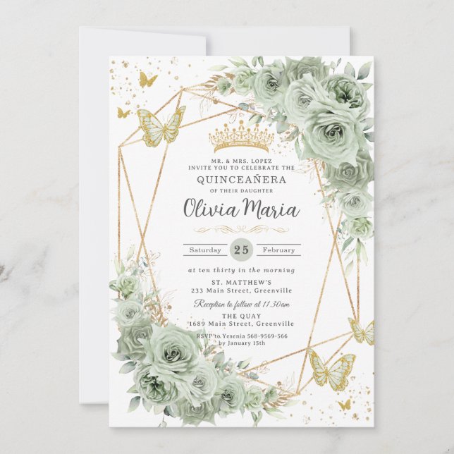 Sage Green Floral Butterflies Gold Quinceañera  Invitation (Front)